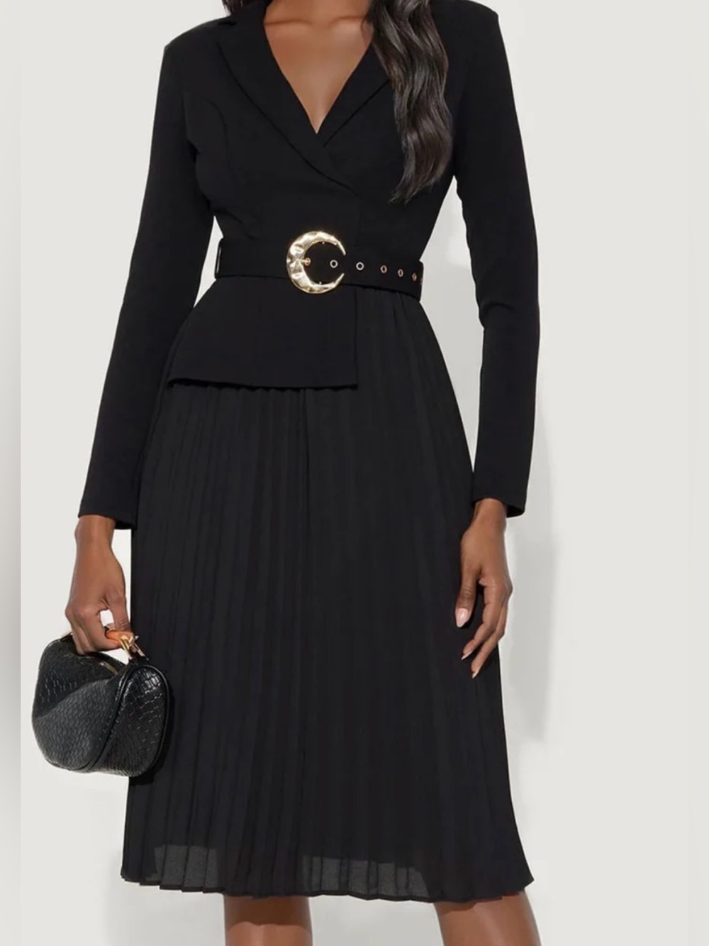 Fashion Nova Black Pleated Midi Dress with Gold Buckle